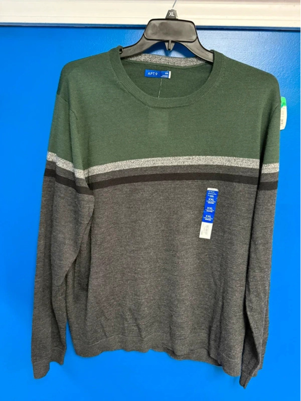 NWT Apt 9 Mens XXL Green Gray Colorblock Crewneck Sweater Long